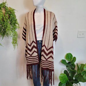 Modcloth cream and wine knit long cardigan with fringe L